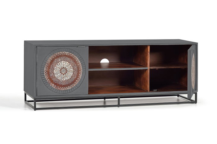 GINER Y COLOMER - Meuble TV en bois de manguier et métal, 2 portes, gris et marron, 150 x 55 x 40 cm